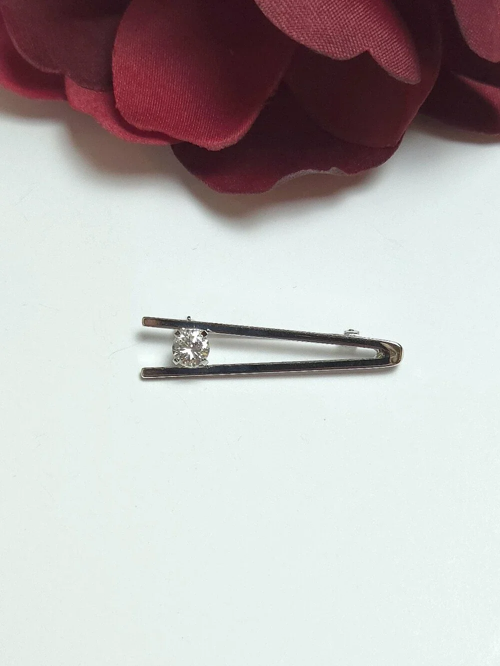 Vintage Sterling Silver & Cubic Zirconia Crystal Gemometric Brooch
